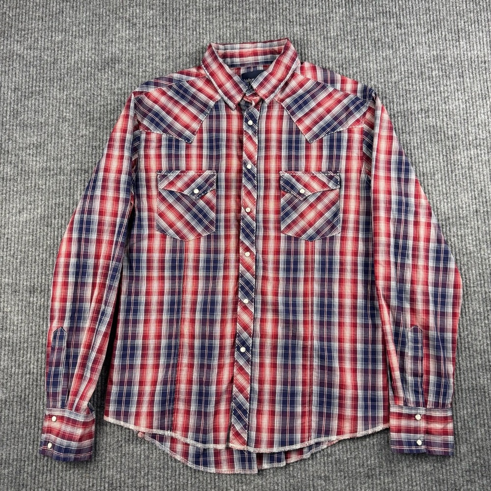 Wrangler Pearl Snap Shirt‎ Mens L Long Sleeve Shirt Red Plaid Western Rodeo
